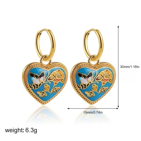 Vintage Ethnic Blue Enamel 18K Gold Stainless Steel Gold Heart Earrings - Picture 2 of 5